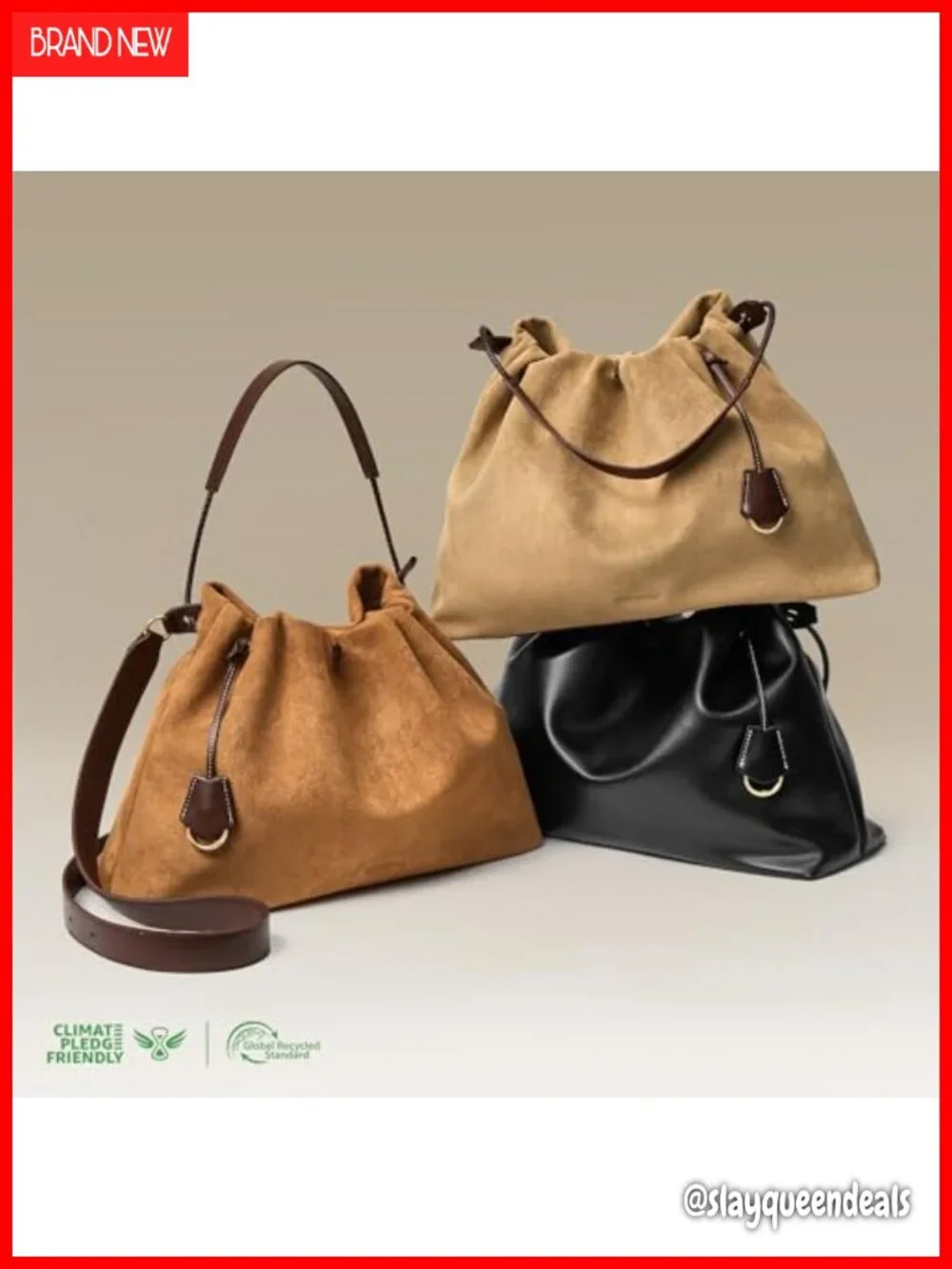 Slouchy Drawstring Hobo Bag Crossbody Shoulder Purse Vegan Suede